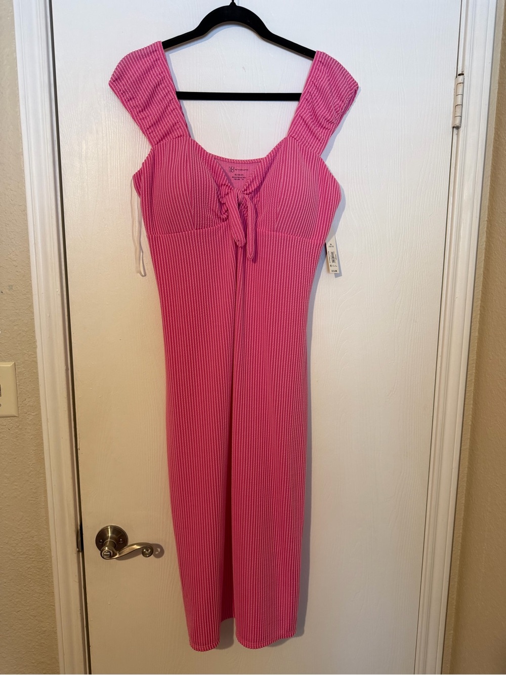 No Boundaries Pink Ribbed Tie-Front Midi Dress